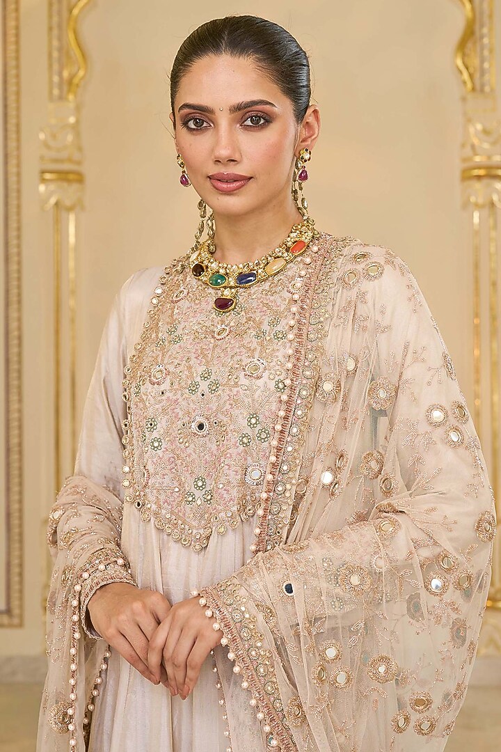 Rose Gold Tissue Hand Embroidered Bridal Anarkali Set by Arpita Mehta at Pernia's Pop Up Shop