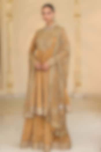 Copper Tissue Hand Embroidered Short Bridal Anarkali Set by Arpita Mehta at Pernia's Pop Up Shop