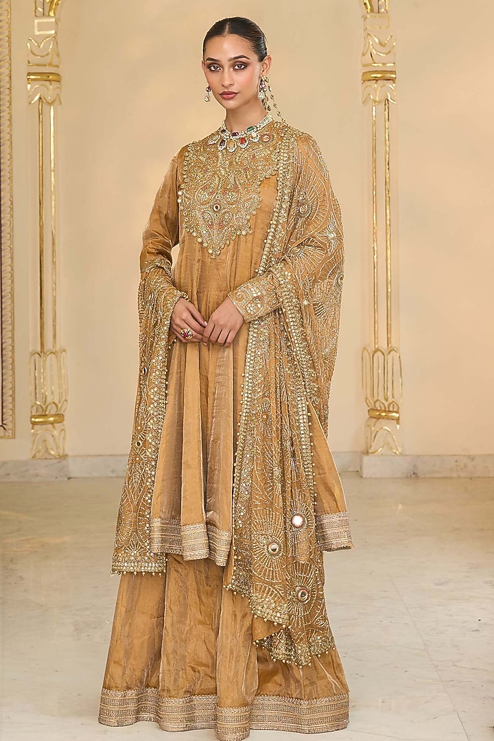 Copper Tissue Hand Embroidered Short Bridal Anarkali Set by Arpita Mehta at Pernia's Pop Up Shop