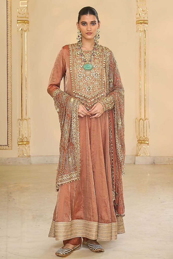 Light Brick Tissue Hand Embroidered Bridal Anarkali Set by Arpita Mehta at Pernia's Pop Up Shop