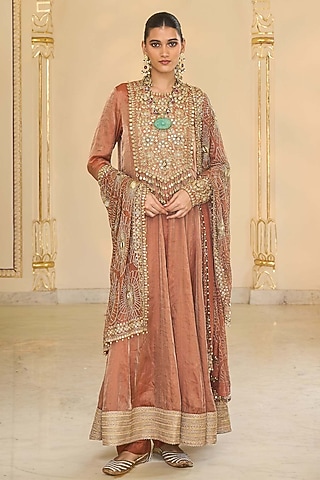 Light Brick Tissue Hand Embroidered Anarkali Set by Arpita Mehta