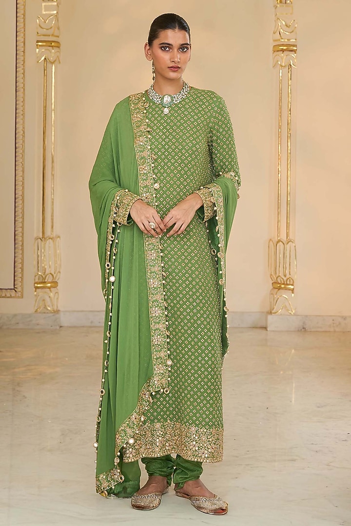 Warm Olive Georgette Kurta Set by Arpita Mehta at Pernia's Pop Up Shop