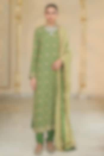 Warm Olive Georgette Bandhani Kurta Set by Arpita Mehta at Pernia's Pop Up Shop
