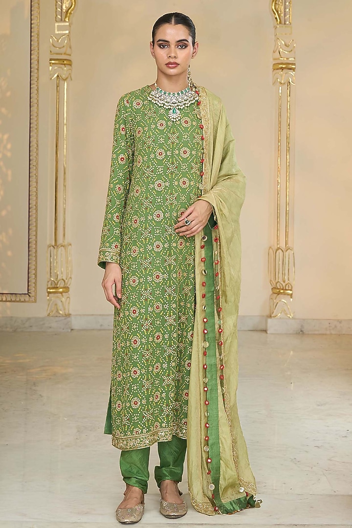 Warm Olive Georgette Bandhani Kurta Set by Arpita Mehta at Pernia's Pop Up Shop