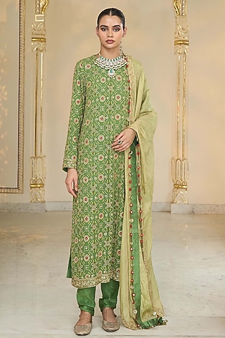 Warm Olive Georgette Bandhani Kurta Set by Arpita Mehta