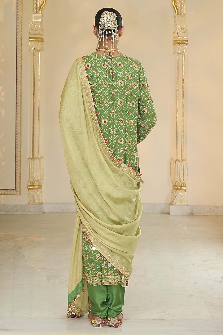 Warm Olive Georgette Bandhani Kurta Set by Arpita Mehta at Pernia's Pop Up Shop
