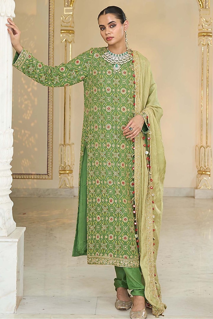 Warm Olive Georgette Bandhani Kurta Set by Arpita Mehta at Pernia's Pop Up Shop