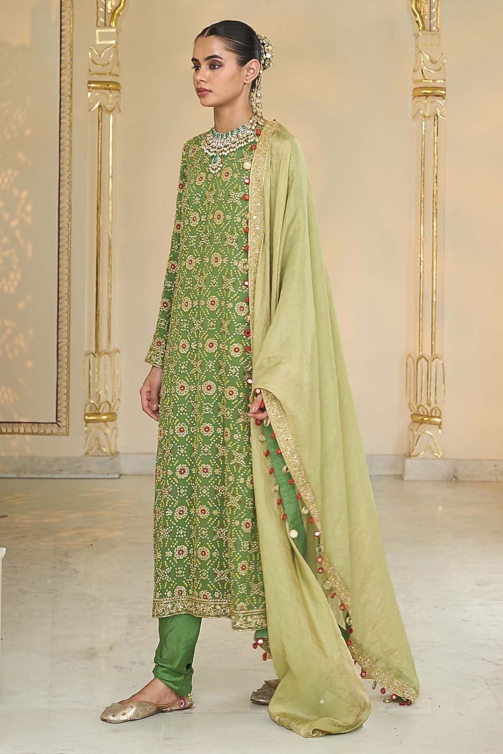 Warm Olive Georgette Bandhani Kurta Set by Arpita Mehta at Pernia's Pop Up Shop