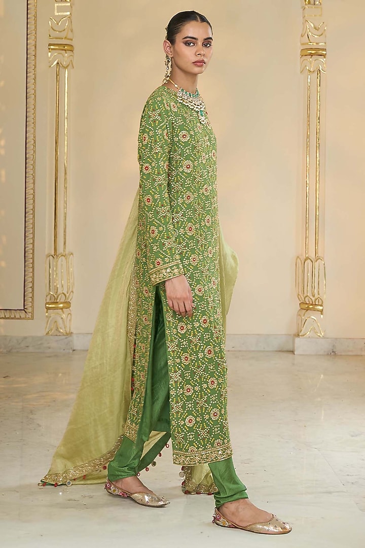 Warm Olive Georgette Bandhani Kurta Set by Arpita Mehta at Pernia's Pop Up Shop