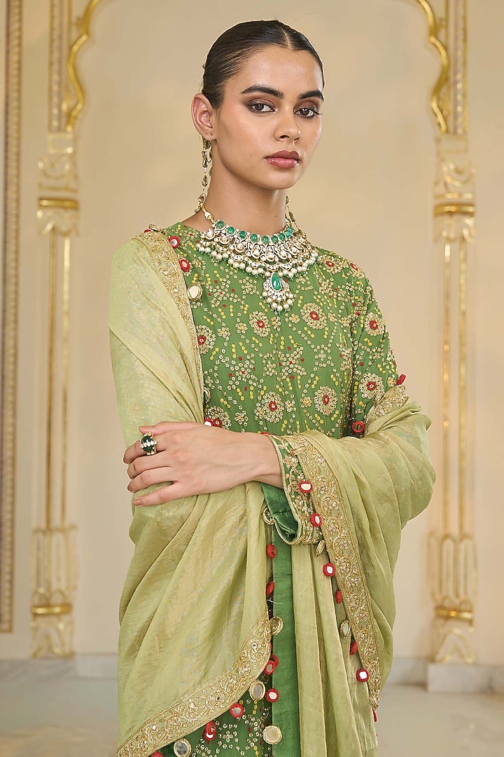 Warm Olive Georgette Bandhani Kurta Set by Arpita Mehta at Pernia's Pop Up Shop