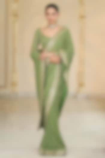 Warm Olive Georgette Hand Embroidered Bridal Saree Set by Arpita Mehta at Pernia's Pop Up Shop