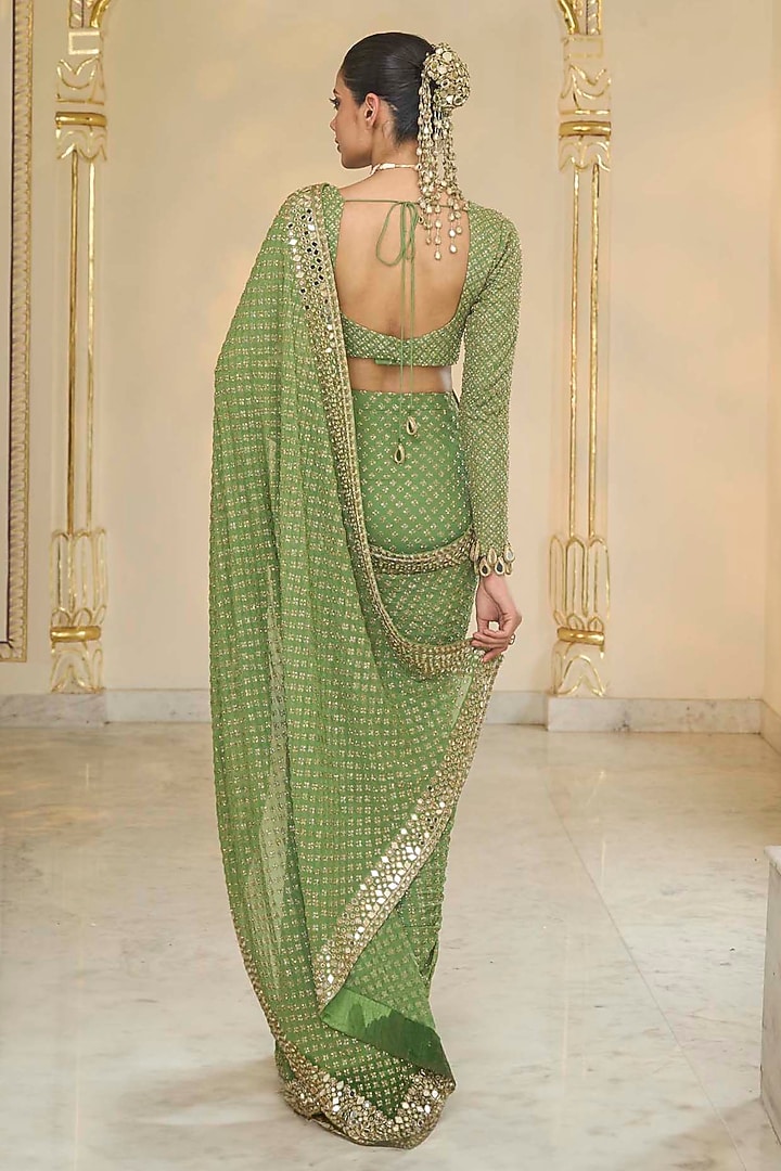 Warm Olive Georgette Hand Embroidered Bridal Saree Set by Arpita Mehta at Pernia's Pop Up Shop