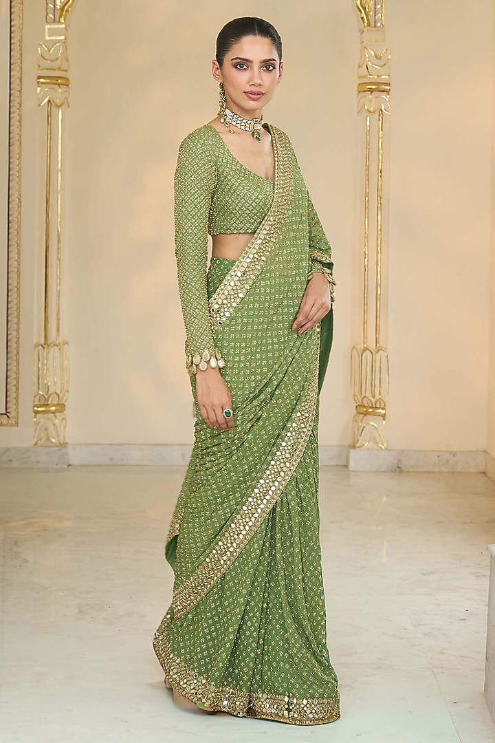 Warm Olive Georgette Hand Embroidered Bridal Saree Set by Arpita Mehta at Pernia's Pop Up Shop