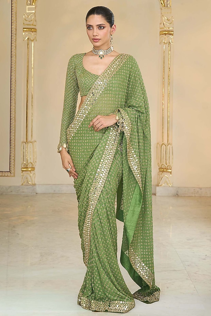 Warm Olive Georgette Hand Embroidered Bridal Saree Set by Arpita Mehta at Pernia's Pop Up Shop