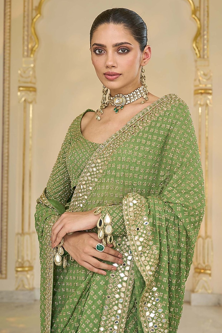 Warm Olive Georgette Hand Embroidered Bridal Saree Set by Arpita Mehta at Pernia's Pop Up Shop