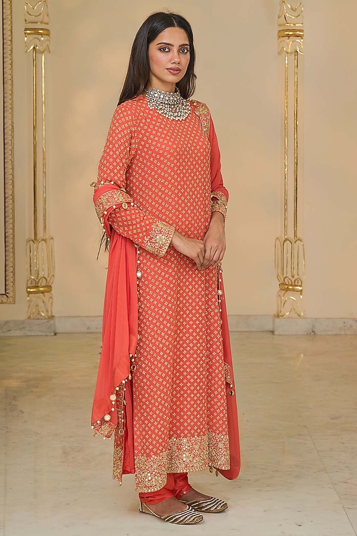 Warm Coral Georgette Kurta Set by Arpita Mehta at Pernia's Pop Up Shop