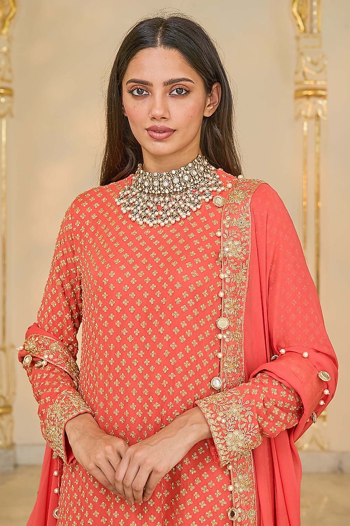 Warm Coral Georgette Kurta Set by Arpita Mehta at Pernia's Pop Up Shop