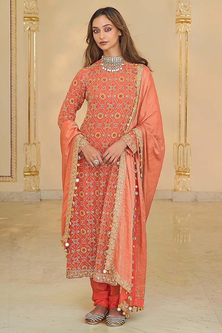 Warm Coral Georgette Bandhani Kurta Set by Arpita Mehta at Pernia's Pop Up Shop