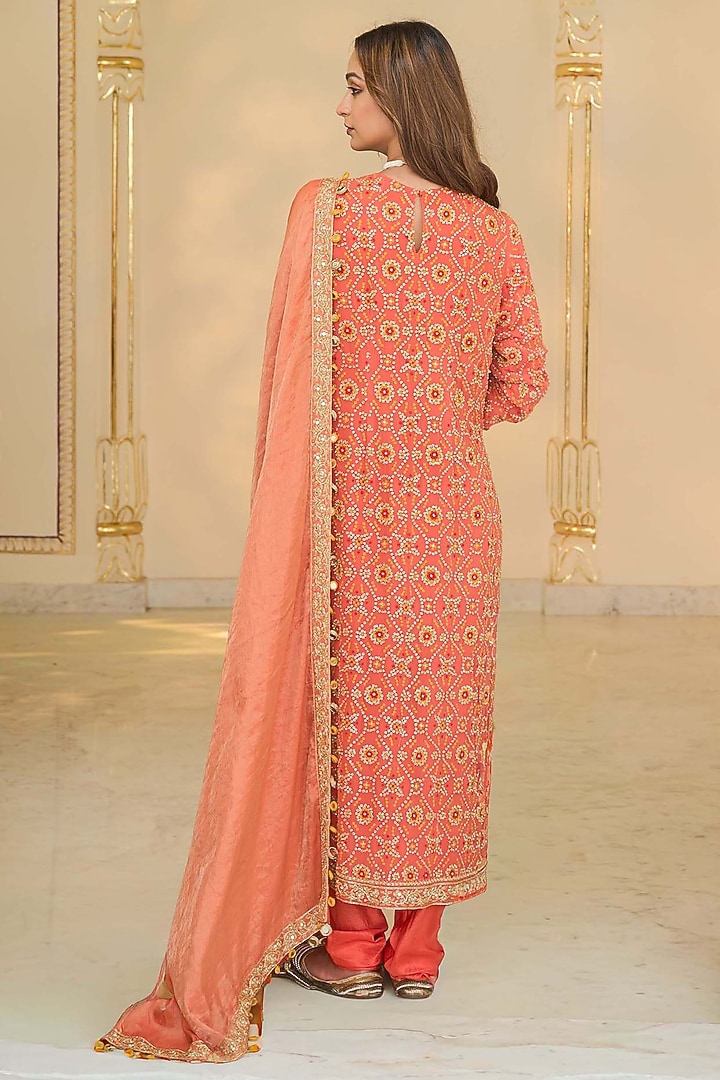 Warm Coral Georgette Bandhani Kurta Set by Arpita Mehta at Pernia's Pop Up Shop