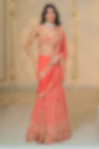 Warm Coral Net Draped Bridal Saree Set by Arpita Mehta at Pernia's Pop Up Shop