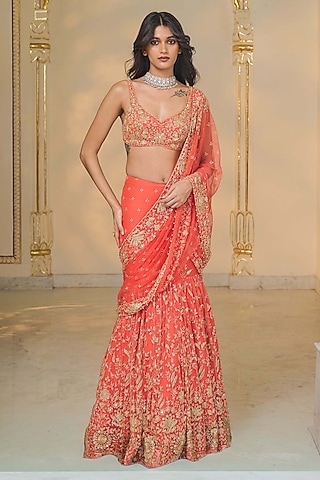 Warm Coral Net Draped Saree Set by Arpita Mehta