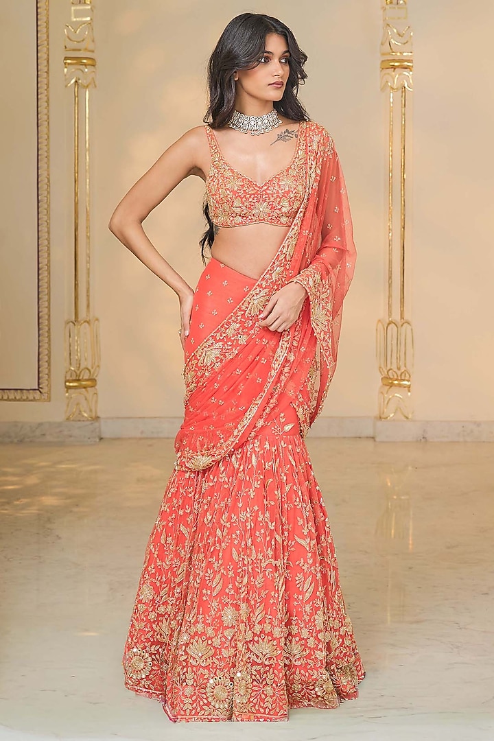 Warm Coral Net Draped Bridal Saree Set by Arpita Mehta at Pernia's Pop Up Shop