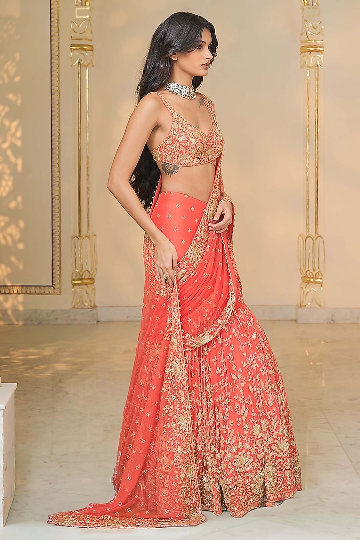Warm Coral Net Draped Bridal Saree Set by Arpita Mehta at Pernia's Pop Up Shop
