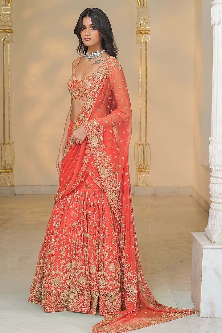 Warm Coral Net Draped Bridal Saree Set by Arpita Mehta at Pernia's Pop Up Shop