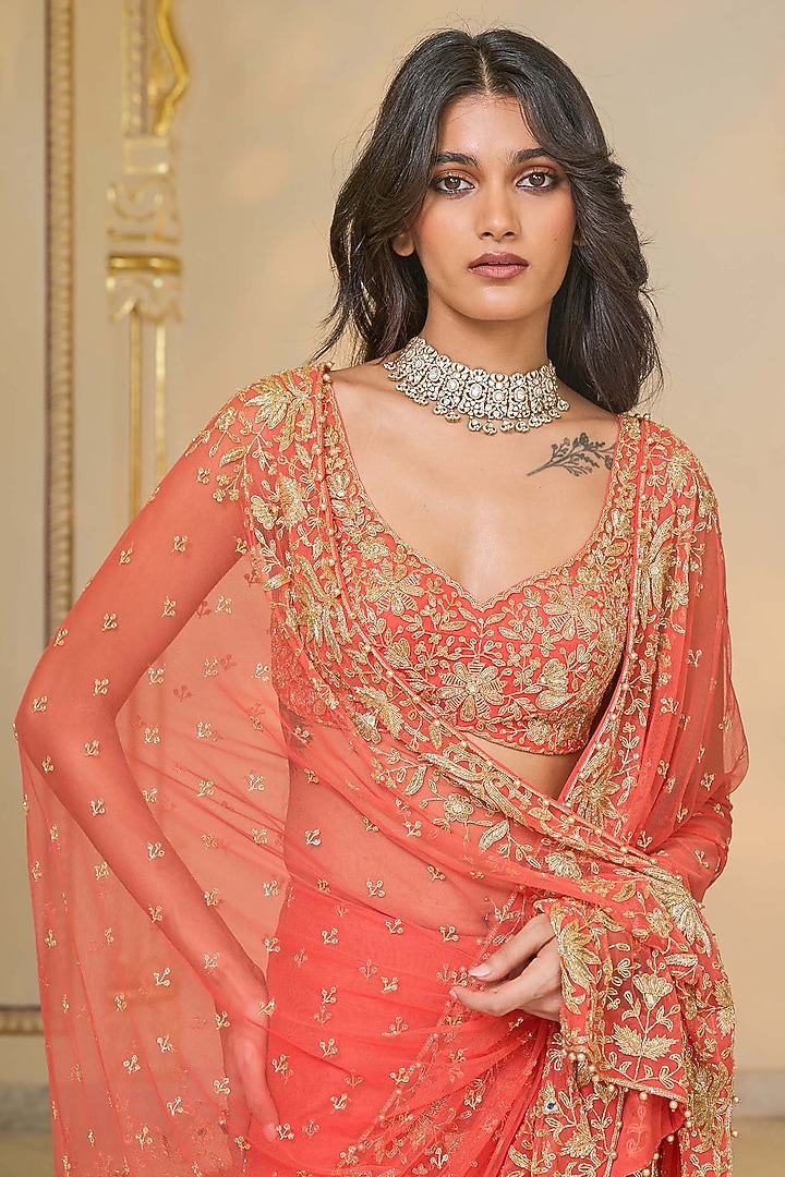 Warm Coral Net Draped Bridal Saree Set by Arpita Mehta at Pernia's Pop Up Shop