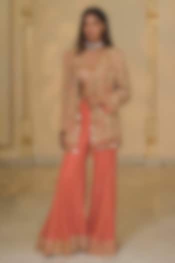 Warm Coral Georgette Bridal Sharara Set by Arpita Mehta at Pernia's Pop Up Shop