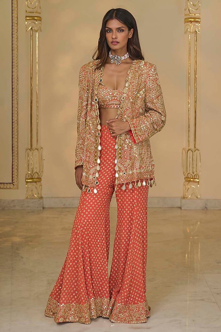 Warm Coral Georgette Bridal Sharara Set by Arpita Mehta at Pernia's Pop Up Shop