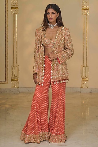 Warm Coral Georgette Sharara Set by Arpita Mehta