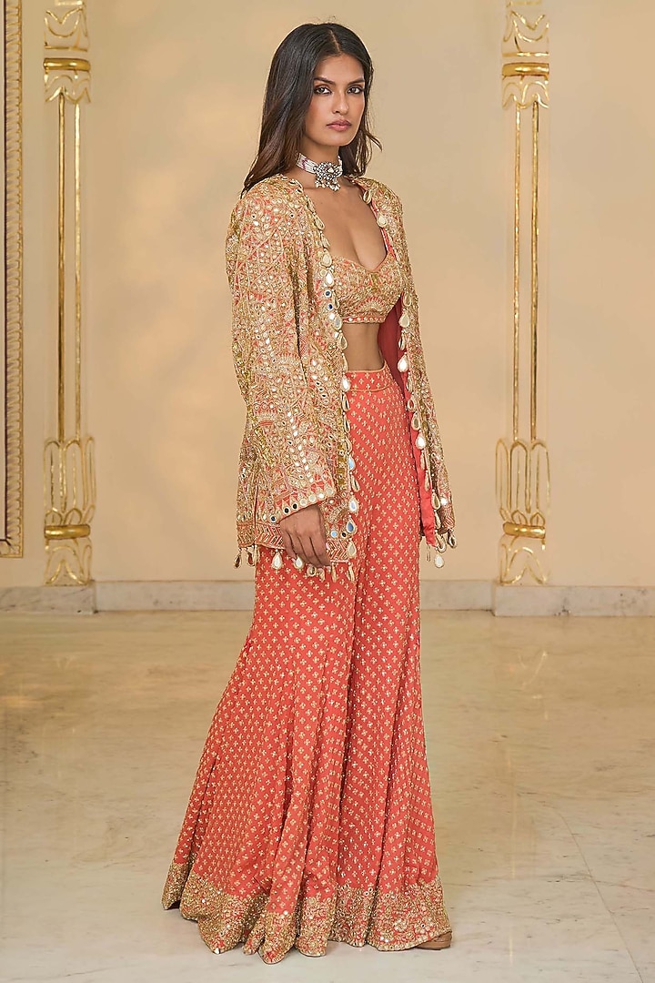 Warm Coral Georgette Bridal Sharara Set by Arpita Mehta at Pernia's Pop Up Shop