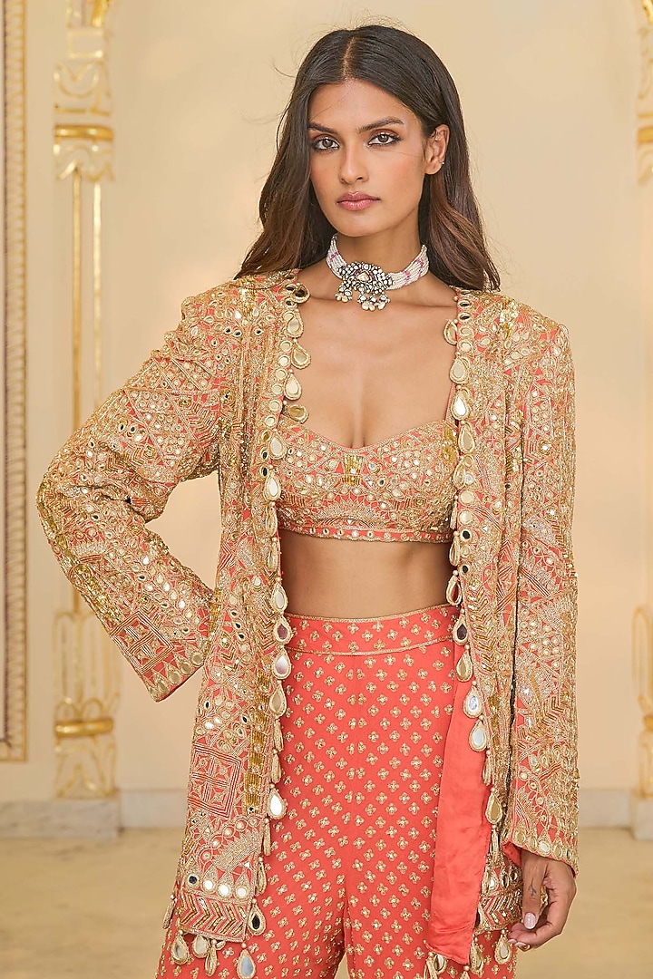 Warm Coral Georgette Bridal Sharara Set by Arpita Mehta at Pernia's Pop Up Shop