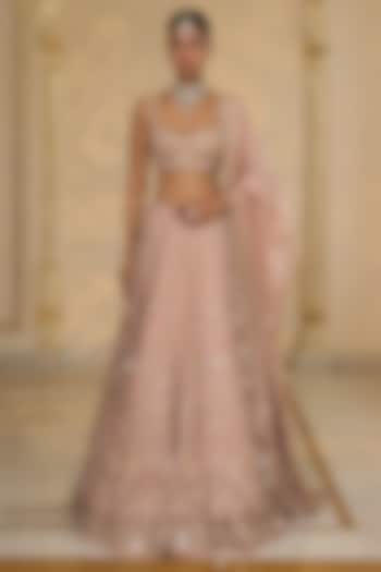 Baby Pink Organza Floral Hand Embroidered Bridal Lehenga Set by Arpita Mehta at Pernia's Pop Up Shop