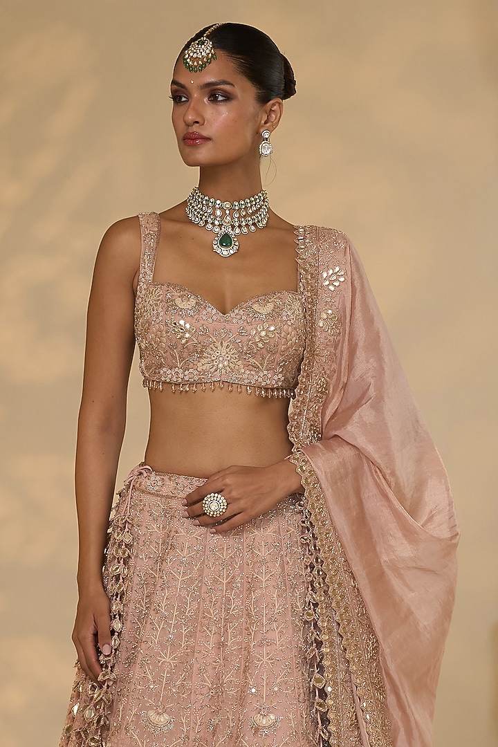 Baby Pink Organza Floral Hand Embroidered Bridal Lehenga Set by Arpita Mehta at Pernia's Pop Up Shop