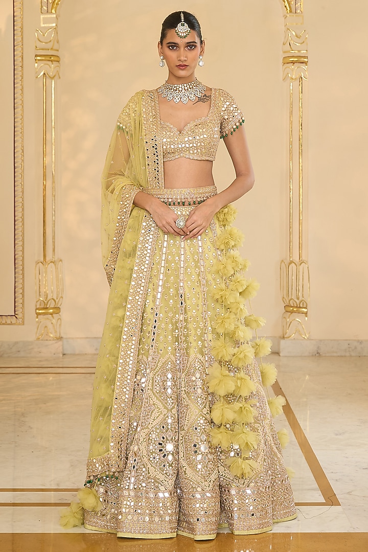 Mint Green Net Mirror Hand Embroidered Bridal Lehenga Set by Arpita Mehta at Pernia's Pop Up Shop
