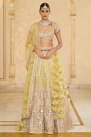 Mint Green Net Mirror Hand Embroidered Lehenga Set by Arpita Mehta