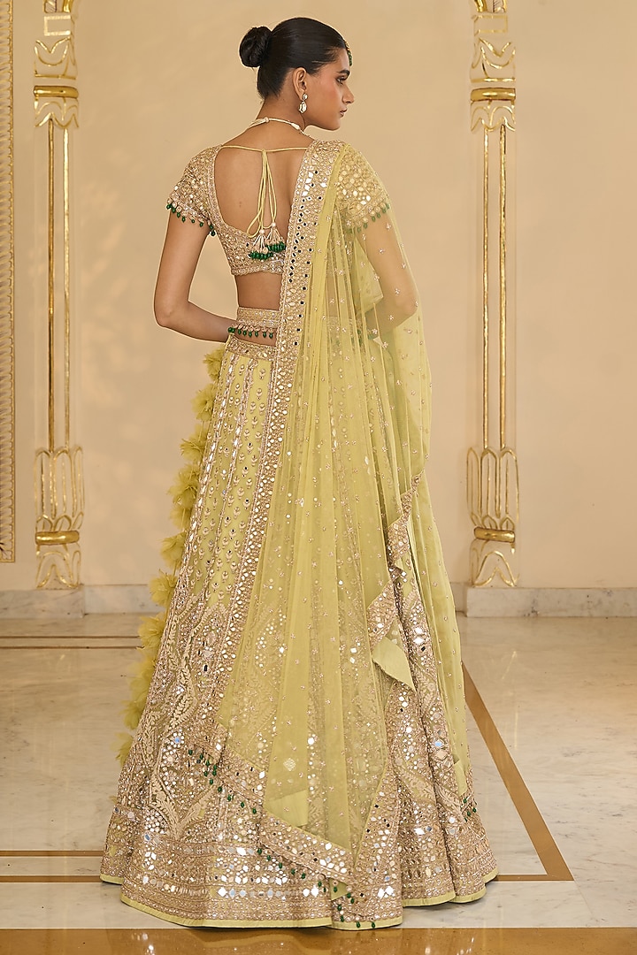 Mint Green Net Mirror Hand Embroidered Bridal Lehenga Set by Arpita Mehta at Pernia's Pop Up Shop