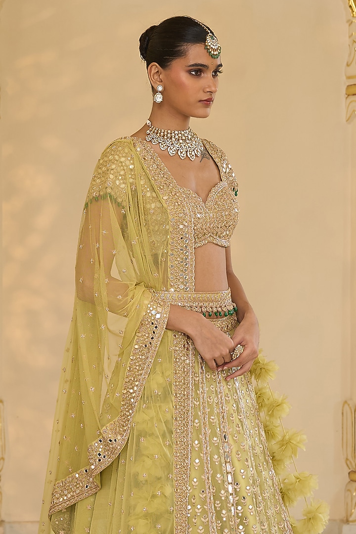 Mint Green Net Mirror Hand Embroidered Bridal Lehenga Set by Arpita Mehta at Pernia's Pop Up Shop