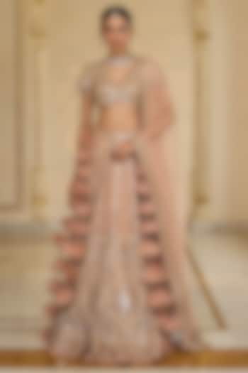 Dusty Pink Net Mirror Hand Embroidered Bridal Lehenga Set by Arpita Mehta at Pernia's Pop Up Shop