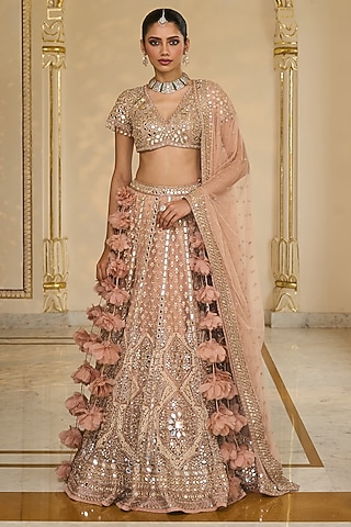 Dusty Pink Net Mirror Hand Embroidered Lehenga Set by Arpita Mehta
