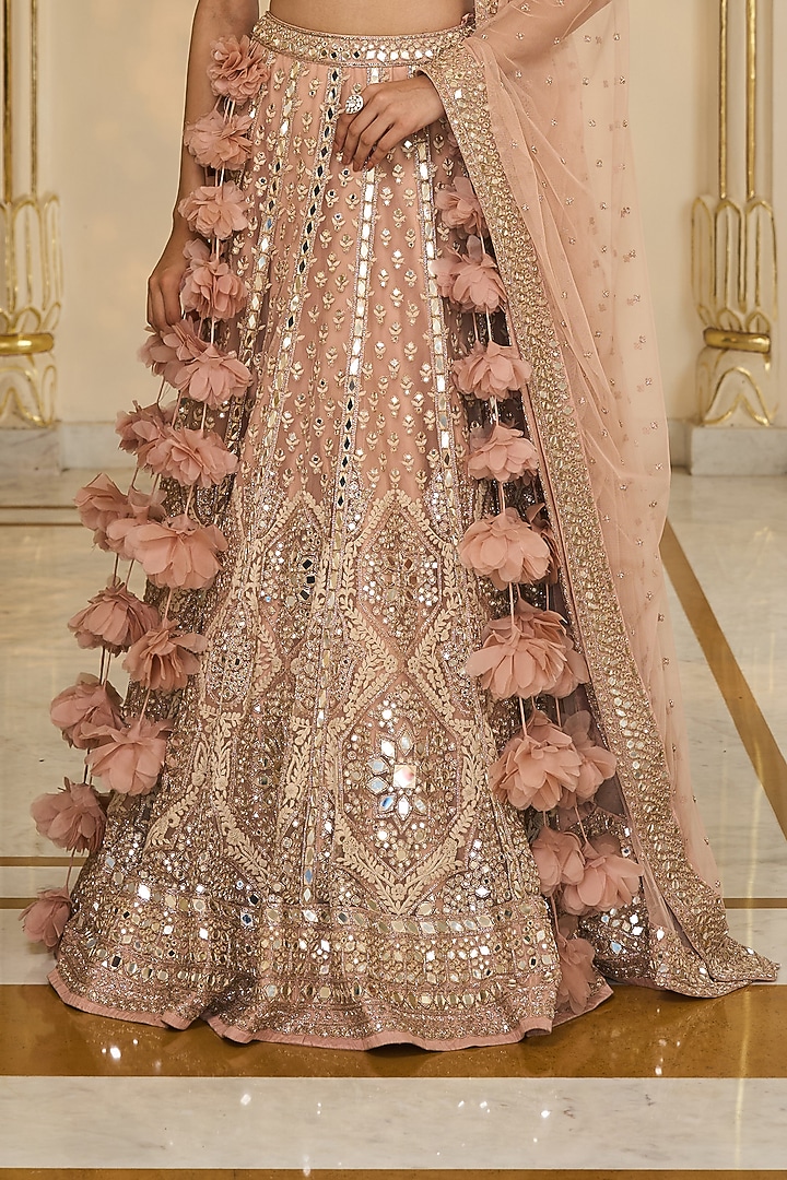 Dusty Pink Net Mirror Hand Embroidered Bridal Lehenga Set by Arpita Mehta at Pernia's Pop Up Shop