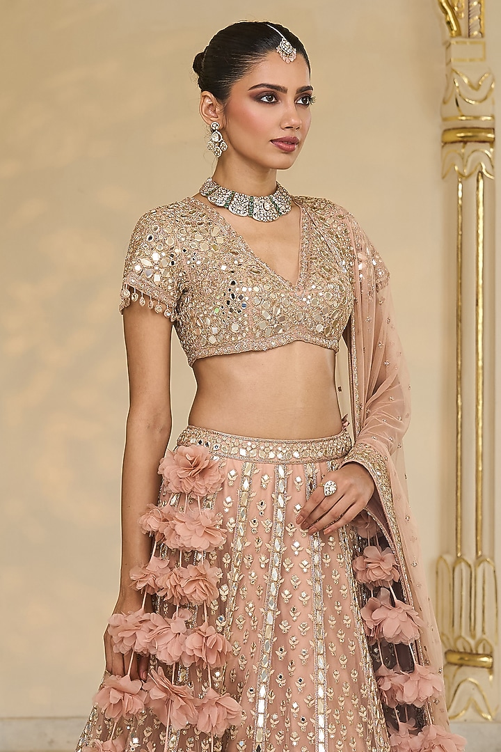 Dusty Pink Net Mirror Hand Embroidered Bridal Lehenga Set by Arpita Mehta at Pernia's Pop Up Shop