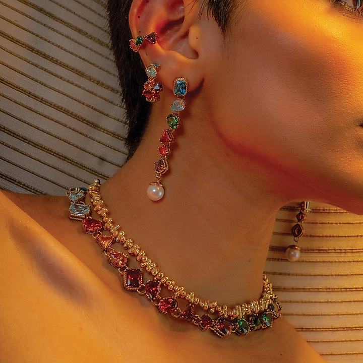 Gold Plated (Water Resistance Premium Plating) Multi-Colored Zircon Hoop Earrings by Arvino