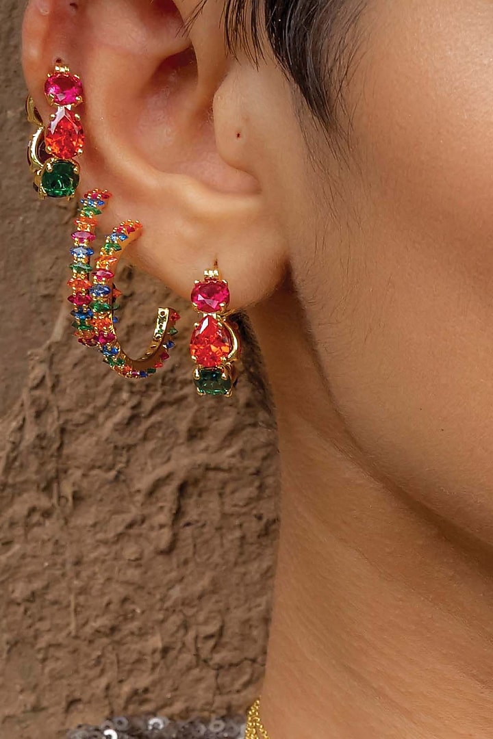 Gold Plated (Water Resistance Premium Plating) Multi-Colored Gemstone Huggies Hoop Earrings by Arvino