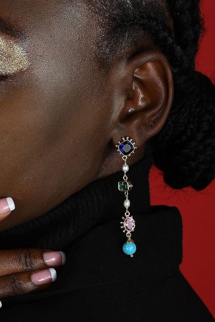 Gold Plated (Water Resistance Premium Plating) Multi-Colored Gemstone Dangler Earrings by Arvino