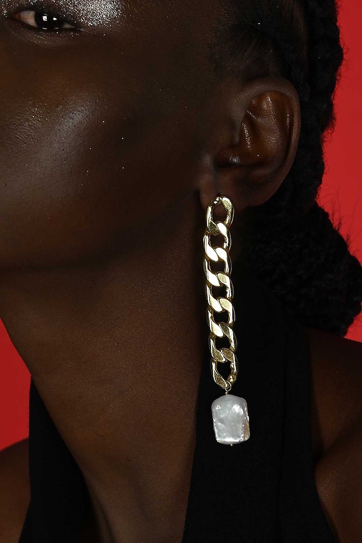 Gold Plated (Water Resistance Premium Plating) Baroque Pearl & Cuban Chain Dangler Earrings by Arvino