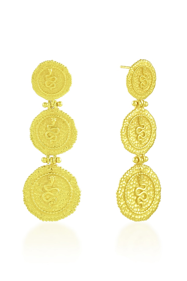 Gold Plated (Water Resistance Premium Plating) Textured Snake Coin Dangler Earrings by Arvino