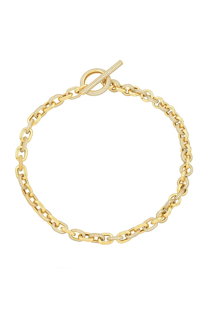 Gold Finish Zircons T-Bar Link Chain Necklace by Arvino